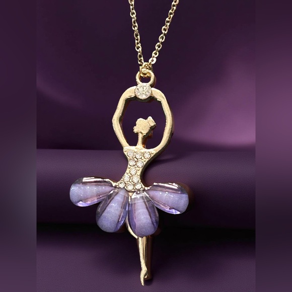 Hand Crafted Jewelry - Ballerina Pendant Necklace – Gold Tone Crystal Ballet Dancer – Amethyst Dream